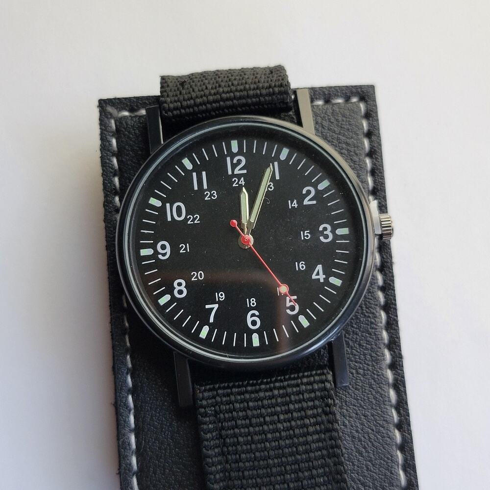 Mens Casual Watch Black Dial Black Case Black Nylon Strap Arabic Numerals